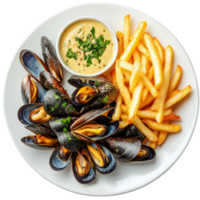 Aerial view of a delicious plate of mussels accompanied by crispy fries and creamy sauce, Aerial view of mussels and fries plate on transparent background png