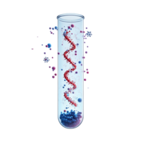Exploring molecular biology with a test tube of DNA, atoms, and bacteria in a lab setting, Test tube with molecule atom, bacteria, DNA, hemoglobin submerged Stock Illustration png