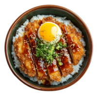 Delicious katsudon served in a bowl with rice, pork cutlet, egg, and green onions on a transparent background, Katsudon japanese food Isolated transparent background png
