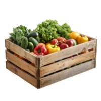Fresh vegetables in a rustic wooden box displayed on a transparent background for a healthy lifestyle, wooden box with vegetables isolated on transparent background png