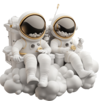 Cartoon astronauts lounging on fluffy clouds above a sparkling turquoise backdrop, 3D Cartoon Astronauts Relaxing on Clouds on Transparent Background png