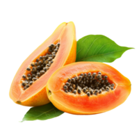 Fresh papaya halves with black seeds and green leaf on transparent background inviting healthy snacking and tropical flavor, ripe papaya with leaf on transparent background png