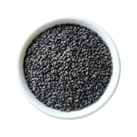 Top view of black sesame seeds in a transparent bowl isolated on a clean background, Top view of black sesame seeds in transparent bowl isolated on transparent background png