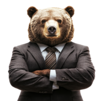 Confident bear executive showcasing leadership qualities in a sharp suit against a bright backdrop, Confident Bear Executive Portraying Leadership On transparent background png