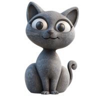 Playful grey stone cat statue in cartoon style sitting against a transparent background, Grey Stone Cat Statue in 3D Cartoon Style on transparent background png