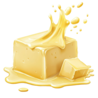 Cube of butter melting and splattering on a transparent background, showcasing rich texture and creamy color in a delicious display, Cube butter melting isolated on transparent background Stock png