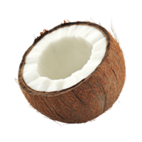 A fresh coconut half showcasing its transparent flesh against a plain transparent background, emphasizing its natural texture and vibrant color, cos isolated on transparent background png