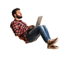 jovem homem flutuando dentro ar enquanto usando uma computador portátil dentro uma criativo digital área de trabalho durante a dia, jovem homem flutuando dentro a ar usando computador portátil, cheio corpo isolado em transparente fundo png