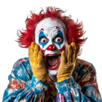 A clown in a colorful outfit tries to surprise and scare with a dramatic expression against a bright transparent background, Clown trying to scare surprise someone on transparent background png