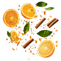 Falling oranges and cinnamon sticks surrounded by green leaves on a clean transparent background, falling oranges and cinnamon with leaves isolated on transparent background png