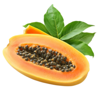 Sliced papaya with seeds and green leaves on a clean transparent background, slice papaya with leaf isolated on transparent background png