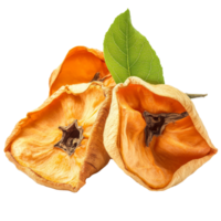 Dried persimmons with green leaves isolated on a transparent background for culinary presentations and healthy snacks, dried persimmon with leaf isolated on transparent background png