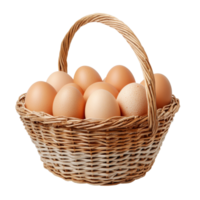 A rustic basket filled with fresh brown eggs resting on a clean transparent background, Brown eggs in the basket on transparent backgroundfile png