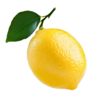 Fresh lemon with vibrant yellow color and green leaves isolated on a clean transparent background, lemon isolated in transparent background format png