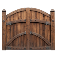 Rustic arched wooden gates isolated on a transparent background with ornate metal hardware details, Rustic wooden gates with arched isolated on transparent background or transparent backgroud png