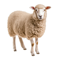 Fluffy sheep standing calmly on an isolated transparent background, showcasing its soft wool fleece during daylight, Sheep on isolated transparent background png