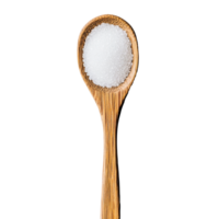 A wooden spoon filled with granulated sugar resting gently on a transparent background in a kitchen setting, sugar in wood spoon on transparent background png