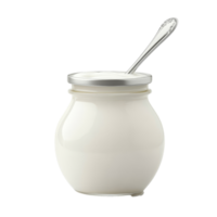 Creamy yogurt in a glass jar with a silver spoon isolated on a bright transparent background, Glass jar yogurt with spoon isolated on transparent background png