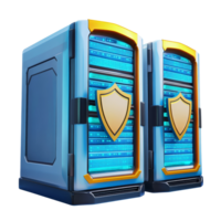 Secure cartoon data servers designed with shields highlighting cybersecurity features, 3D Cartoon Secure Data Servers with Shields on transparent background png