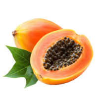 Ripe papaya with green leaf isolated on a transparent background showcasing its vibrant color and texture, ripe papaya with leaf isolated on transparent background png