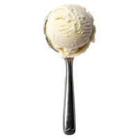 A delicious scoop of creamy vanilla ice cream on a silver spoon against a clean transparent background, ice cream scoop on transparent backgroundfile png