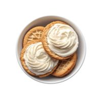 Delicious sandwich cookies filled with creamy frosting served in a bowl on a transparent background, sandwich cookies with cream in bowl on transparent background png