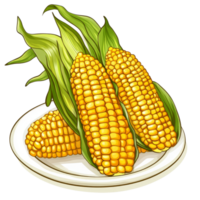Freshly harvested corn on a transparent plate with green leaves displayed against a bright backdrop for a colorful and appetizing presentation, Popcorn in plate on transparent background png