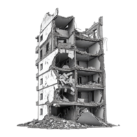 Destroyed building with exposed interiors on a transparent background highlighting structural collapse and decay, Destroyed building on transparent background png