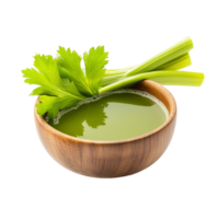 Fresh celery juice in a wooden bowl with green celery stalks isolated on a bright transparent background, Celery juice in wood bowl isolated on transparent background png