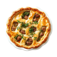 Delicious meat pie displayed from a top view on a bright transparent background, perfect for any occasion, meat pie dish top view isolated on transparent background png