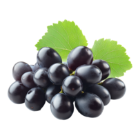 Fresh dark grapes with vibrant green leaves arranged on a clean transparent background for a natural and appealing display, dark grape fruits with leaves isolated on transparent background png