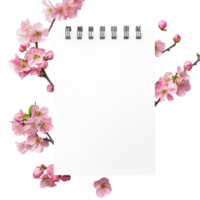 A blank spring notepad surrounded by delicate pink cherry blossom flowers on a transparent background, spring notepad front view, file of isolated object on transparent background png