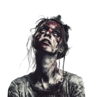 A haunting portrayal of a female zombie with a grim expression against a stark transparent background, zombie female on transparent background png