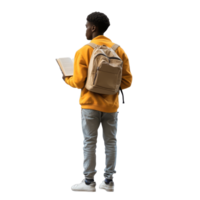 aluna segurando uma livro enquanto em pé com uma mochila dentro uma casual meio Ambiente durante dia, aluna em pé e segurando uma livro costas Visão Arquivo não fundo png
