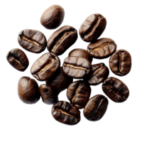 Freshly roasted coffee beans scattered on a pristine transparent background showcasing their rich texture and deep color, roasted coffee beans top view on transparent background png