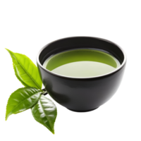 Experience the vibrant taste of matcha green tea in a sleek black bowl with fresh leaves beside it, Matcha green tea in black bowl and leaves isolated on transparent background png