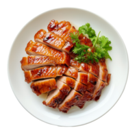 An appetizing top view of sliced Peking duck garnished with fresh herbs on a transparent plate, top view delicious peking duck food plate on a transparent background png