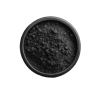 Activated charcoal powder in a black bowl on a transparent background with scattered powder, Activated charcoal powder isolated on transparent background png