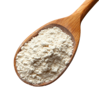 A wooden spoon filled with fine transparent wheat flour resting on a clean transparent surface, Pile of transparent wheat flour in wooden spoon on transparent background png