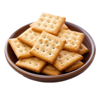 Savory crackers piled in a brown plate, served against a clean transparent background, Cracker in a plate isolated on transparent background png