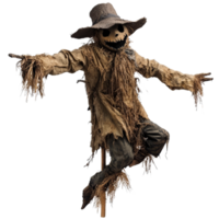 A scary scarecrow standing alone on a transparent background evokes eerie feelings typical of autumn and Halloween, Scary Scarecrow Isolated on transparent background png