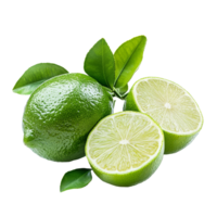 Fresh lime fruit cut in half with green leaves on an isolated transparent background, perfect for culinary uses or beverages, lime with leaf isolated on transparent background png