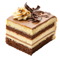 A delicious cub cake with layers of chocolate and creamy frosting isolated on a transparent background, perfect for any celebration or dessert occasion, Cub cake, isolated on transparent background png