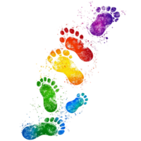 Colorful footprints creating a vibrant trail across a smooth surface during daytime exploration or play, colorful footprints straight walking in a trail on transparent background png
