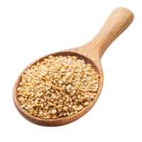 Sesame seeds resting in a rustic wooden spoon isolated on a clean transparent background for culinary use, Sesame seeds in a wooden spoon isolated on transparent background png