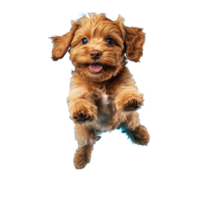 Happy Cavoodle puppy runs and jumps joyfully against a bright blue background, Happy Cavoodle Cavapoo Puppy Dog Runs and jumps isolated on blue cyan background png