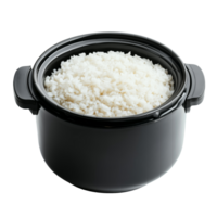 Freshly cooked rice in a black bowl on a minimalist transparent background perfect for culinary presentations, Rice cooker in a black bowl on transparent background png