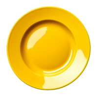 A bright yellow plate on a clean transparent background, ideal for displaying culinary creations or table settings, yellow empty plate on transparent background png