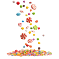 Colorful candies falling gracefully against a pure transparent background creating a delightful visual treat for all ages, falling candies isolated on transparent background png