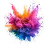Vibrant multicolored powder explosions create a stunning visual display in a dynamic celebration of color, Vibrant Color Powder Explosions, Multicolored Dust Clouds Isolated on transparent background png